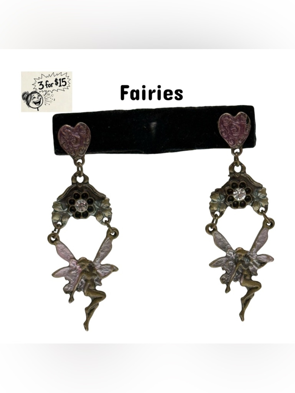 Gold Tone Fairy Drop Earrings with Crystal Accents, Mythical Pixie Dangles